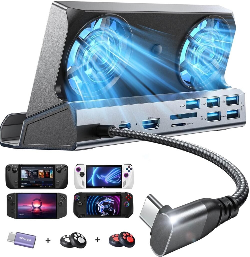 LISEN 13-in-1 Docking Station for Steam Deck OLEDROG AllyLegion Go, Dual Cooling Fan 5 USB Ports and 4K@60Hz, 100W Charging Port Support ROG Ally 30W Mode, Gigabit Ethernet Fit for Steam Deck OLED